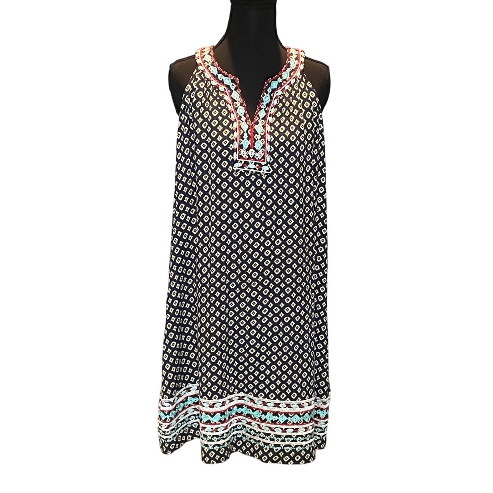 THML Navy Blue Geometric Embroidered Halter Shift Dress XL Boho Chic Festival